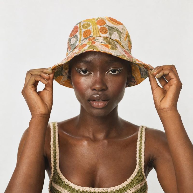 bucket hat model try-on product photo: A model wears a colorful patchwork bucket hat and textured knit top against a clean pale studio backdrop, holding the br…