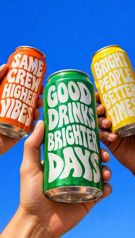 canned drinks product in hand product photo: Several brightly colored canned drinks with bold white lettering are held up against a vivid blue studio backdrop,…