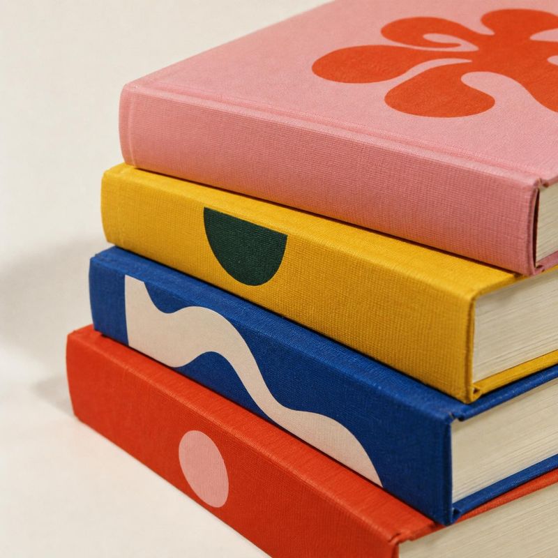 stack of books book product photo: Four colorful clothbound books are stacked at an angle against a pale studio backdrop, with soft even light and a clean, pla…