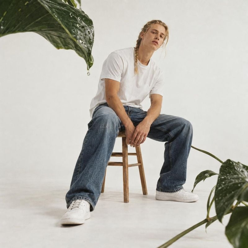 casual outfit look book product photo: A long-haired male model sits casually on a wooden stool in a white T-shirt, loose blue jeans and white sneakers, framed…