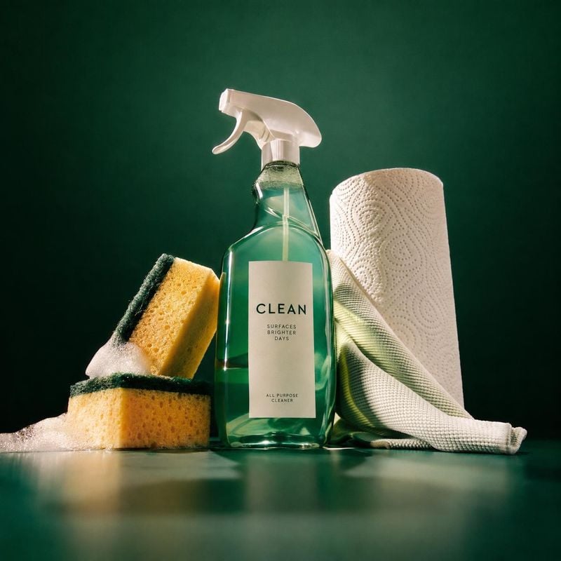 all-purpose surface cleaner home product photo: A green spray bottle of all-purpose cleaner is styled with sponges, a paper towel roll, and a folded cloth agai…