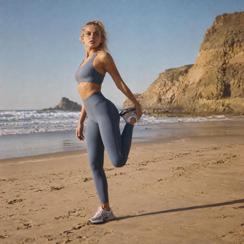 activewear set model try-on product photo: A woman in a slate-blue sports bra and leggings stretches on a sunny beach, with rocky cliffs and ocean surf creatin…