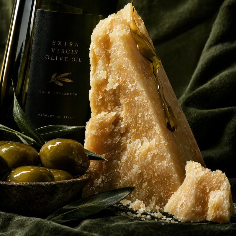 Parmesan cheese and olive oil black friday product photo: A dramatic still life pairs a wedge of aged cheese with olive oil, olives, and leafy branches against…