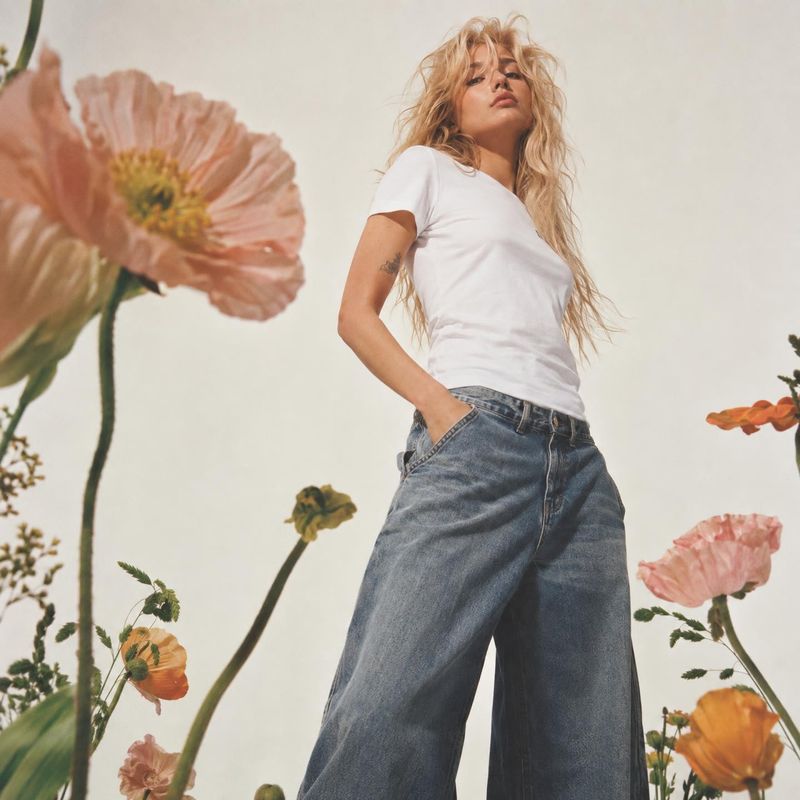 jeans and T-shirt model try-on product photo: A blonde model poses in a white T-shirt and relaxed blue jeans among pink and orange flowers, photographed from a…