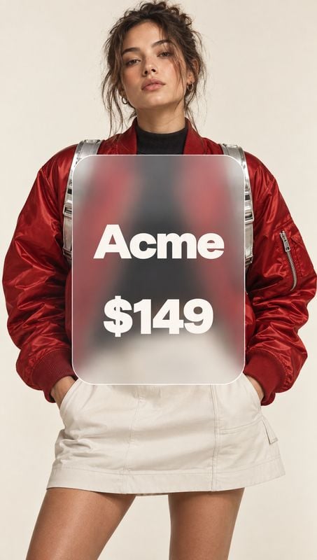red jacket and white skirt model try-on product photo: An adult woman in a glossy red jacket and white skirt faces the camera in a clean studio, holding a tran…