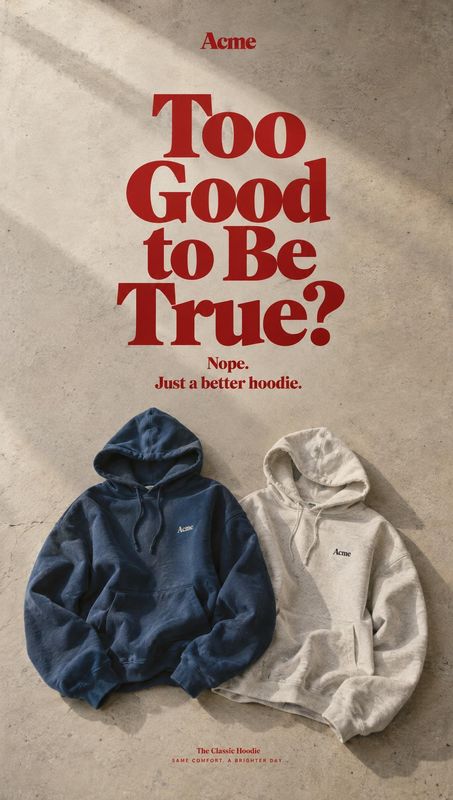 hoodies still life product photo: Two navy and cream hoodies are arranged on a textured concrete surface beneath bold red promotional typography, with angled s…