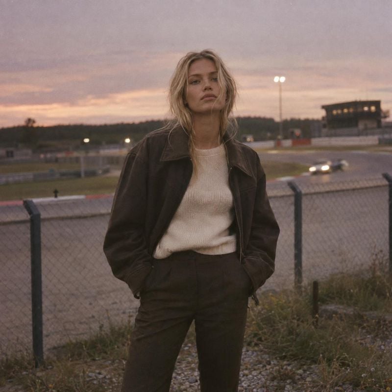 leather jacket and knitwear look book product photo: A woman in a dark leather jacket, cream sweater, and matching trousers stands by a racetrack at dusk, styl…