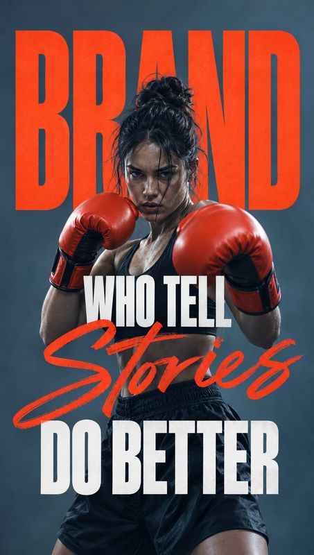 boxing gloves posters product photo: A female boxer in red gloves poses against a smoky blue-gray studio backdrop, layered with oversized orange and white moti…