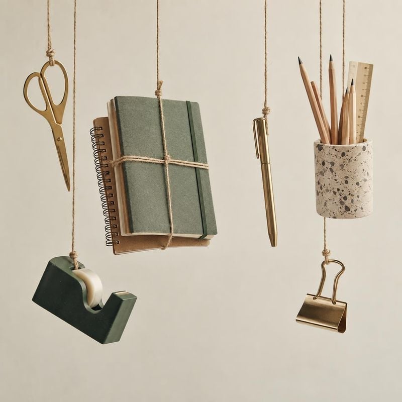 stationery set floating product product photo: A curated collection of notebooks, scissors, a pen, pencils, and desk accessories hangs from twine against a war…