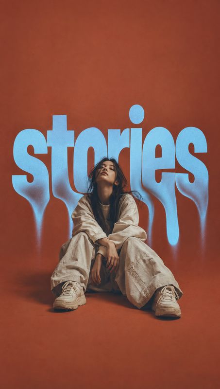 casual outfit look book product photo: A seated model in relaxed neutral streetwear poses against a rust-red studio backdrop, with oversized blue lettering beh…