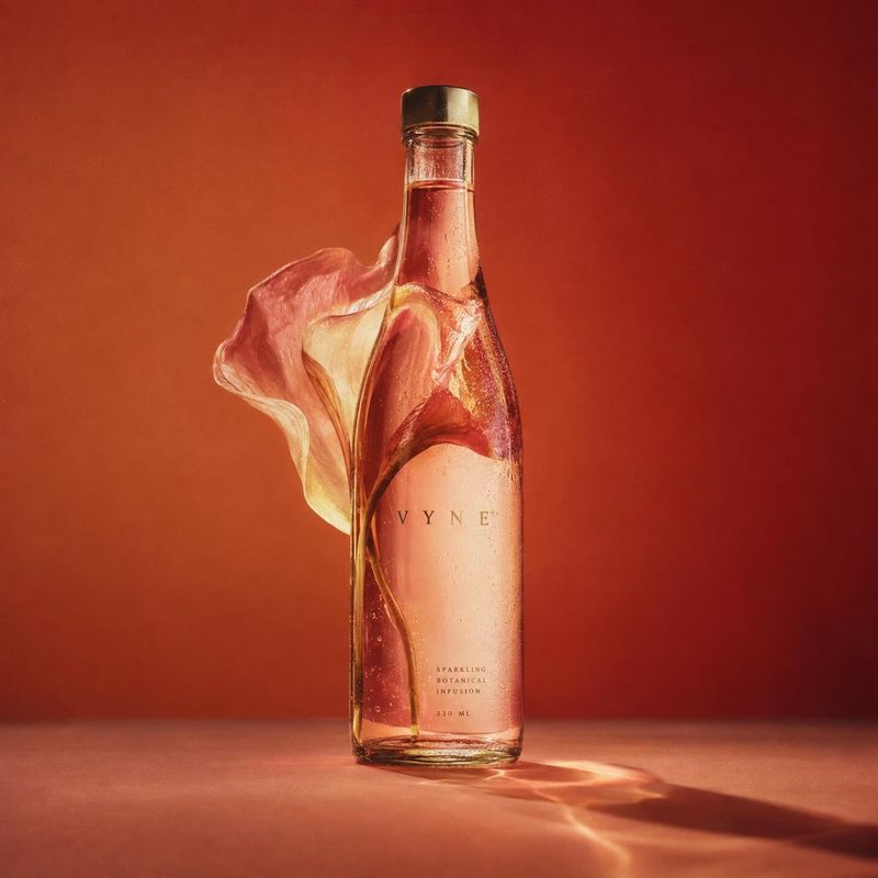 sparkling botanical infusion food and drink product photo: A glass bottle of sparkling botanical infusion stands against a warm red-orange studio backdrop, wra…
