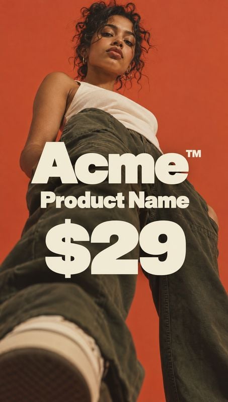jeans model try-on product photo: A low-angle fashion portrait shows a model in a white top and dark jeans against a vivid orange studio backdrop, overlaid wit…