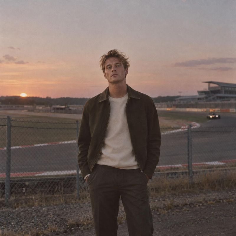 men’s jacket and trousers look book product photo: A man in a dark jacket and trousers stands by a racetrack, with a chain-link fence and trackside buildings b…