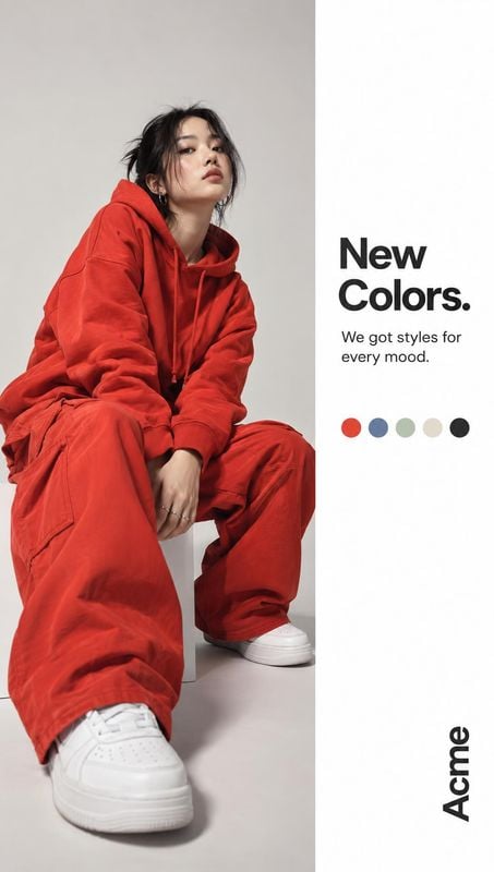 red hoodie and pants model try-on product photo: A model in a vivid red hooded outfit and white sneakers sits against a pale studio backdrop, paired with bold…