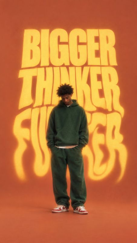 green hoodie and joggers model try-on product photo: A model in a dark green hoodie and joggers stands against a warm orange studio backdrop, framed by oversiz…