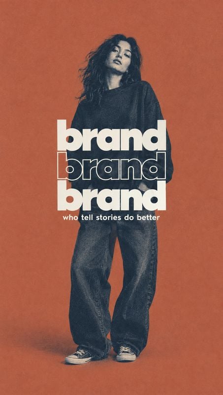 casual outfit posters product photo: A casually dressed woman poses against a terracotta studio backdrop, overlaid with bold cream typography for a graphic, yo…