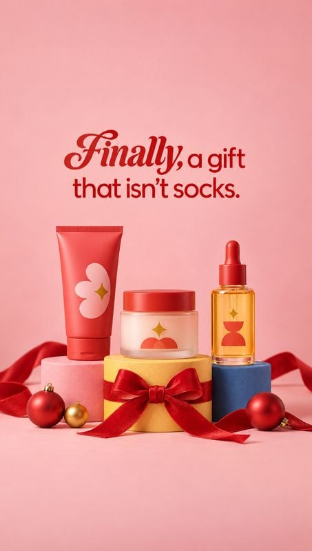 skincare gift set christmas product photo: A coordinated set of skincare products is styled on colorful gift boxes with red ribbons and ornaments against a pin…