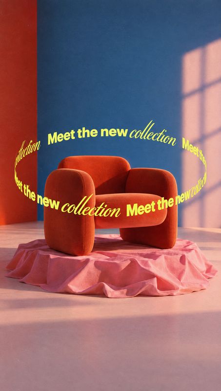 upholstered armchair still life product photo: A sculptural red upholstered armchair sits on draped pink fabric against a bold blue-and-coral studio set, with…