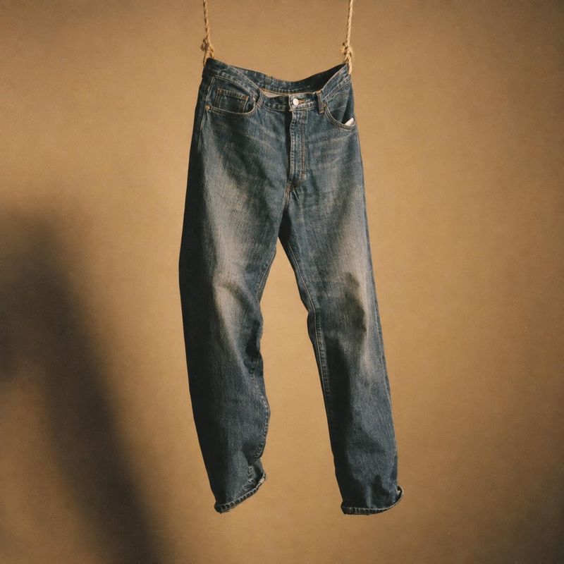 denim jeans packshot product photo: A pair of faded blue jeans hangs from rope against a warm, textured tan backdrop, with soft directional light creating a qu…