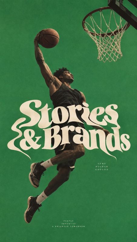 basketball action & motion product photo: A basketball player leaps toward the hoop against a saturated green studio backdrop, framed by oversized cream displa…