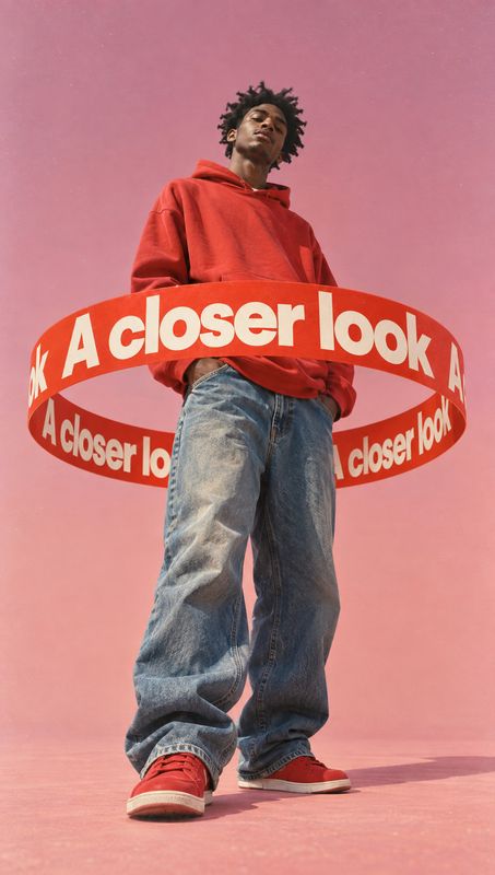 red hoodie, jeans and sneakers look book product photo: A model in a red hoodie, loose blue jeans and red sneakers stands against a pink studio backdrop, encir…