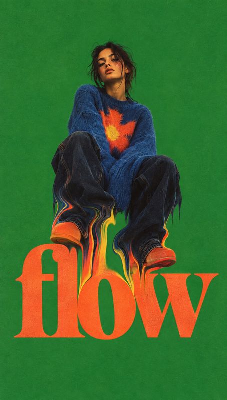 blue sweater and dark pants look book product photo: A seated model in a fuzzy blue sweater and dark pants is set against a vivid green background, with the la…