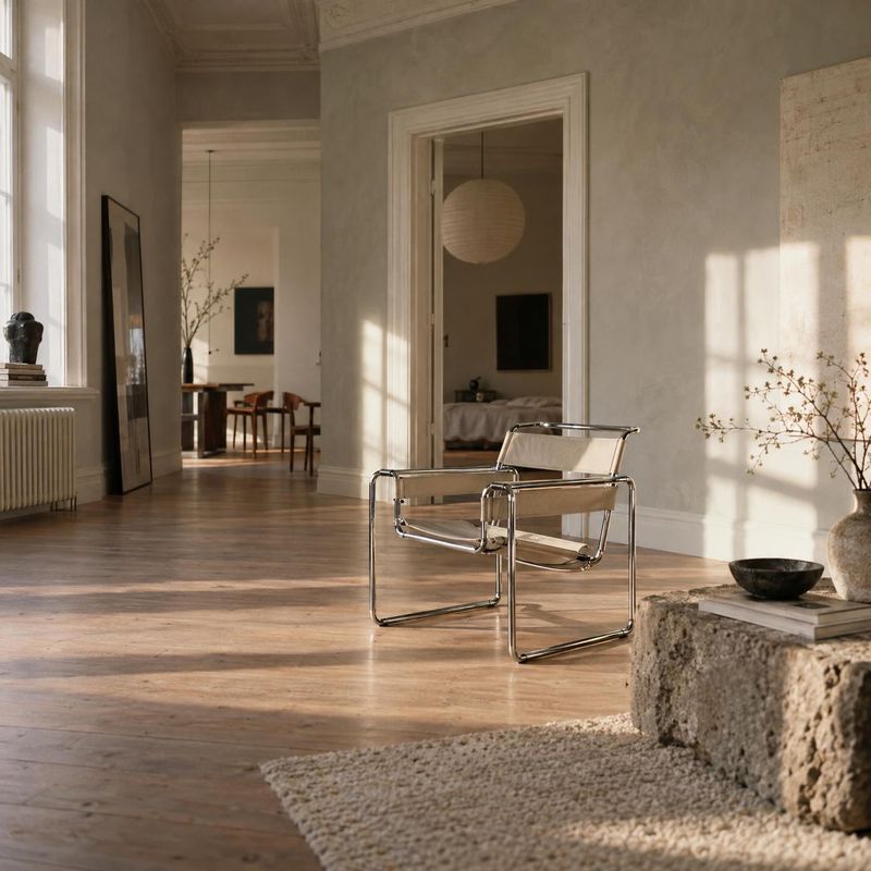modern lounge chair room set product photo: A chrome-framed lounge chair sits in a softly sunlit classic interior with warm wood floors, neutral walls and natu…