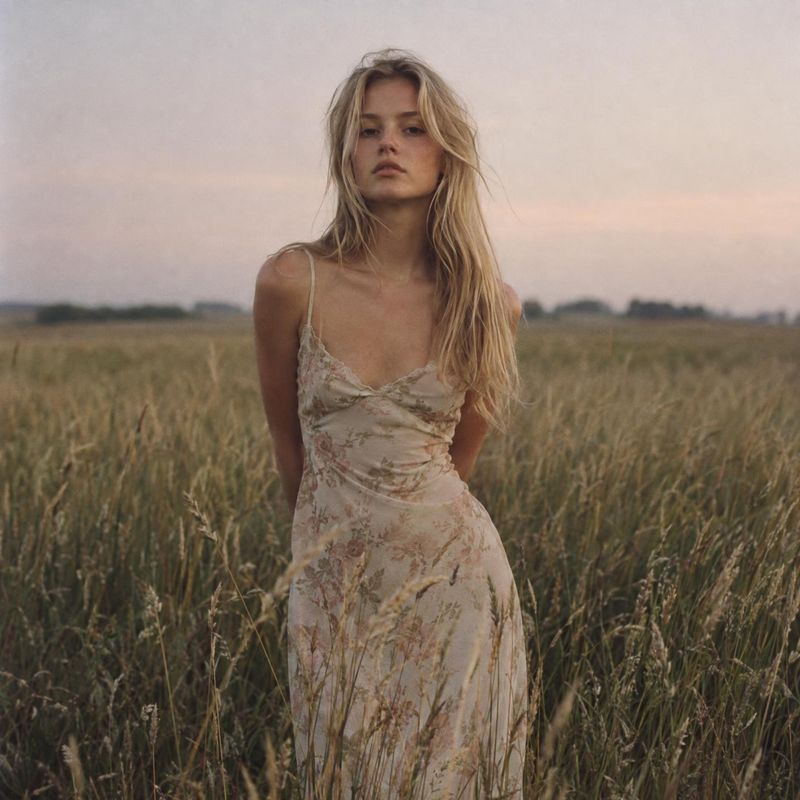 floral dress look book product photo: A model in a delicate floral dress stands amid tall grasses beneath a soft pink dusk sky, with a windswept, romantic edit…