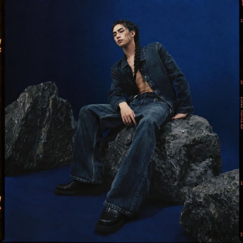 denim jacket and jeans look book product photo: A braided-haired male model poses in a dark denim jacket and jeans on rugged rocks against a deep blue studio b…