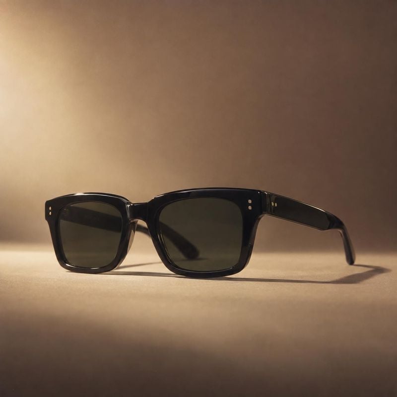 sunglasses packshot product photo: Black rectangular sunglasses rest on a warm beige studio surface, lit softly from the side for a polished, understated produ…