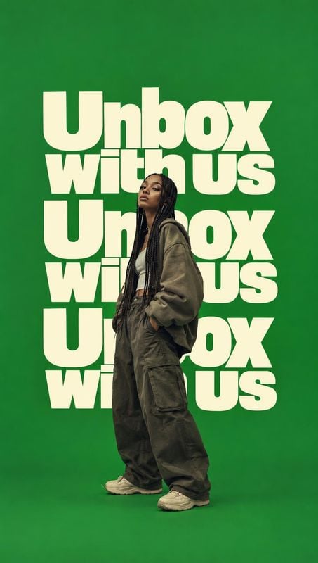 casual outfit look book product photo: A model poses in a relaxed, layered utility outfit against a vivid green studio backdrop, with oversized cream “Unbox wi…