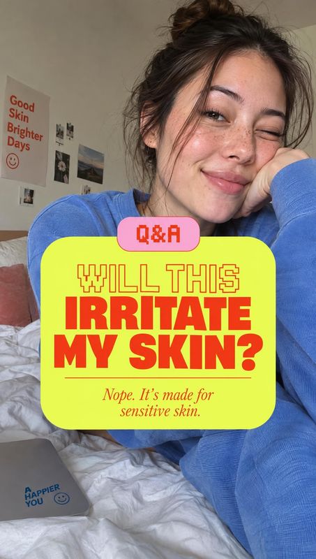 beauty close-up product photo: A woman in a blue top poses casually on a bed in a softly lit bedroom, while a bright yellow and pink Q&A graphic promotes a mes…