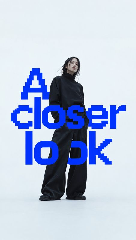 black oversized outfit posters product photo: A model in an oversized black outfit stands against a pale studio backdrop, overlapped by bold blue pixel-style “…