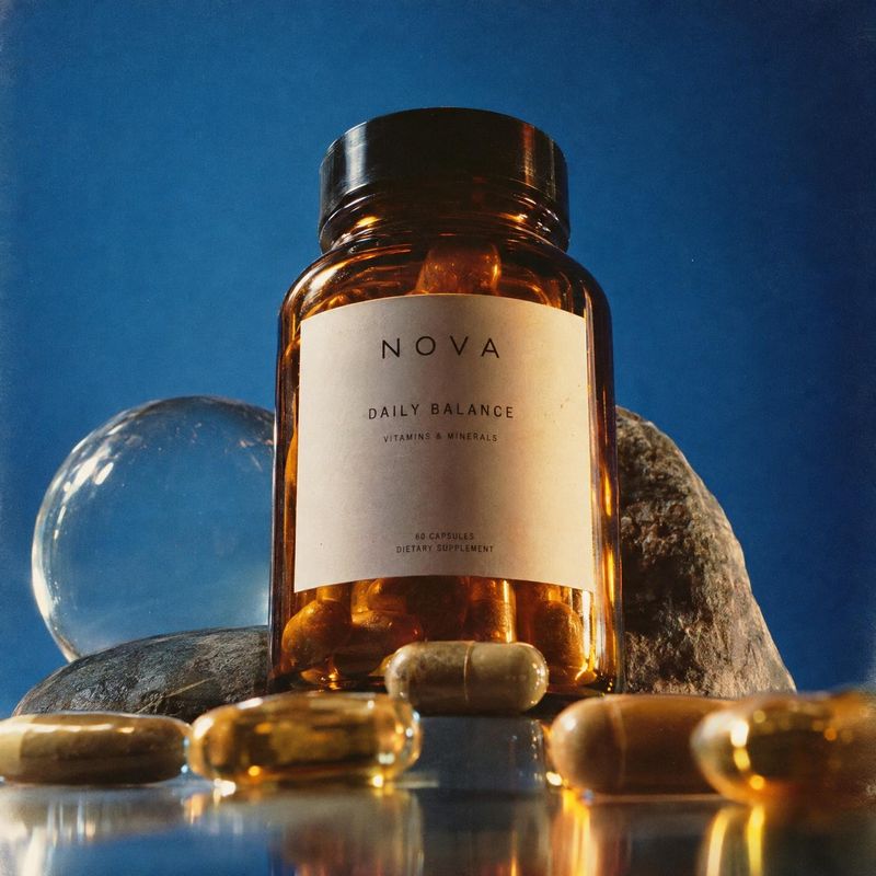 daily balance vitamin supplement close-up detail product photo: An amber bottle of daily-balance supplement capsules sits among loose capsules and sculptural s…