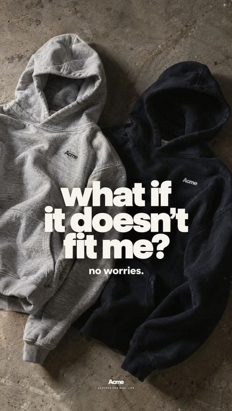 hoodies posters product photo: Two gray and black hoodies lie on a textured concrete surface beneath bold white reassurance copy, creating a moody, understated…