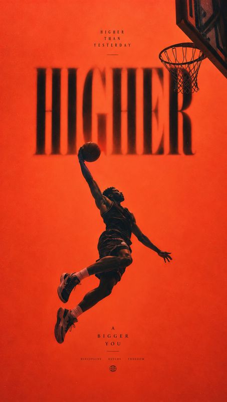 posters product photo: A basketball player leaps toward a hoop against a vivid red-orange backdrop, layered with oversized dark typography for a dramatic, moti…