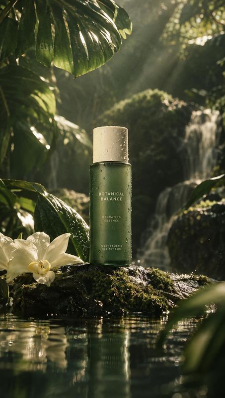 hydrating essence lifestyle scene product photo: A green skincare bottle stands among glossy tropical foliage and a pale flower beside reflective water, lit by…