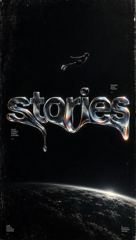 posters product photo: A tiny floating figure hangs above oversized iridescent lettering reading “stories,” with sparse white copy set against a deep black spa…