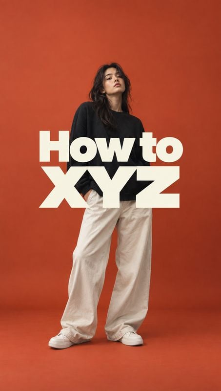casual outfit look book product photo: A woman in a black top, loose white trousers, and sneakers poses against a burnt-orange studio backdrop, with bold cream…