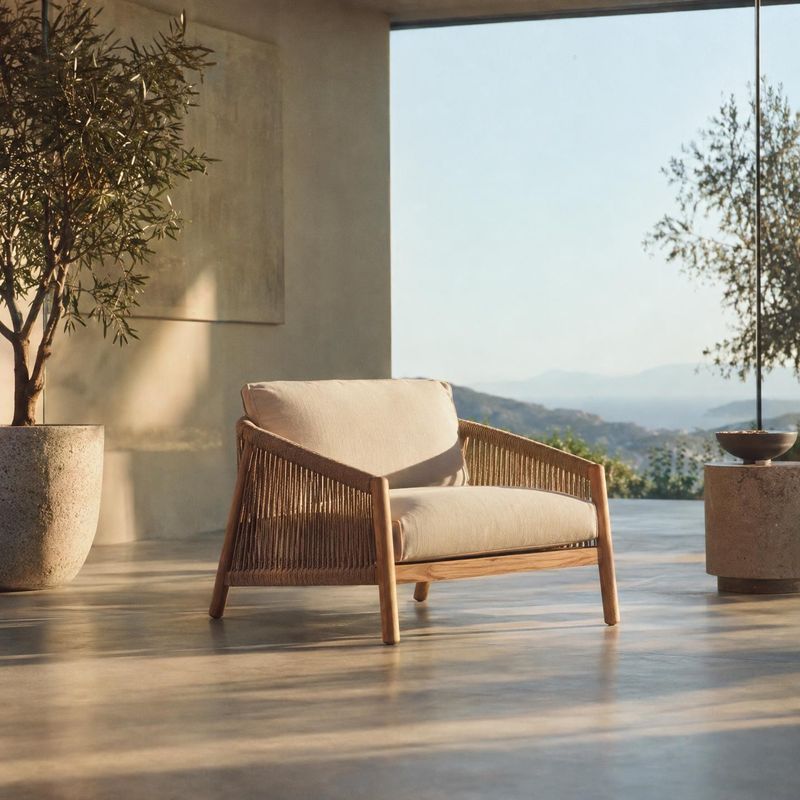 outdoor lounge chair room set product photo: A woven wooden lounge chair with pale cushions sits in a sunlit modern interior, framed by potted trees and a broa…