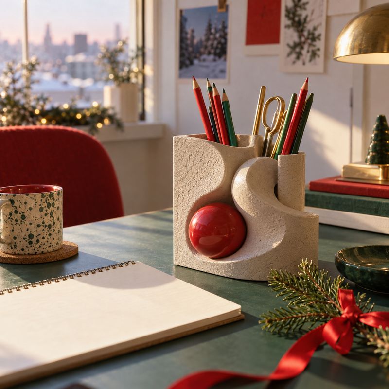 ceramic pencil holder christmas product photo: A sculptural cream ceramic pencil holder filled with colored pencils sits on a desk among a notebook, a speckled…