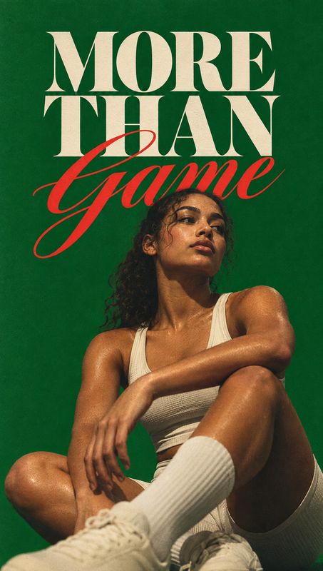 sneakers look book product photo: An athletic model in a cream sports outfit and sneakers sits against a vivid green studio backdrop, with dramatic oversized c…