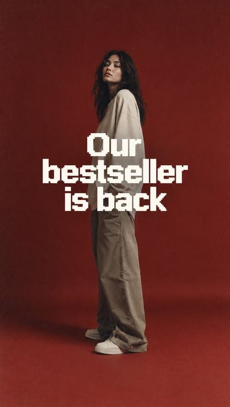 casual outfit look book product photo: A model poses in a relaxed neutral outfit against a deep red studio backdrop, with bold white display text announcing th…