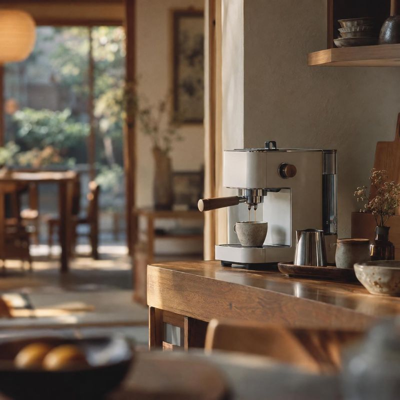 espresso machine lifestyle scene product photo: A polished espresso machine sits on a warm wooden counter in a softly sunlit, minimalist kitchen, with ceramic…