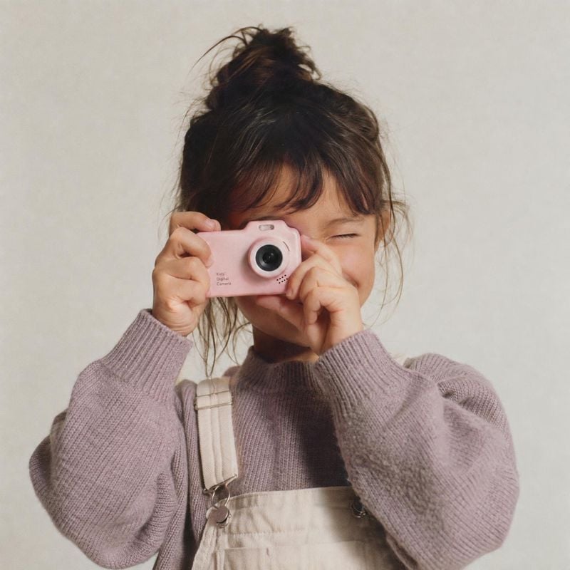pink kids digital camera product in hand product photo: A child in a lavender knit sweater and cream overalls holds a small pink camera up to her face against…