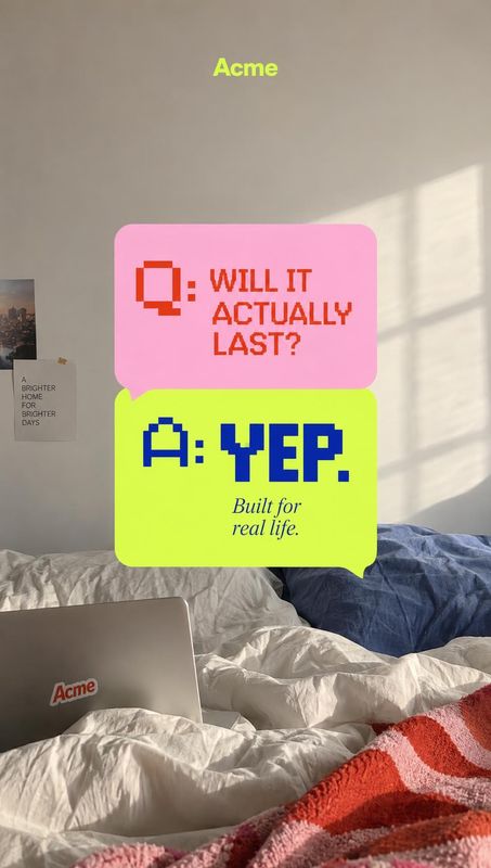 laptop lifestyle scene product photo: A laptop rests in a rumpled bed in a sunlit bedroom, framed by bold pink and neon-yellow question-and-answer graphics for…