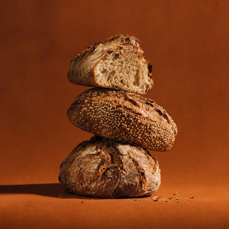 artisan bread food and drink product photo: Three rustic loaves are stacked against a warm terracotta studio backdrop, with directional light emphasizing their…