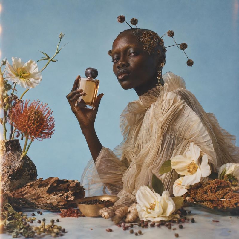 perfume bottle ingredients product photo: A model in a sheer, sculptural cream outfit holds an amber perfume bottle amid flowers, botanicals and scattered spic…