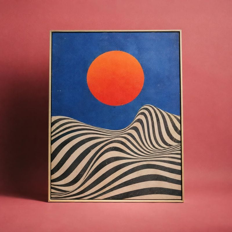 framed art print packshot product photo: A framed graphic art print with a vivid orange sun and undulating black-and-cream stripes stands against a dusty pink…