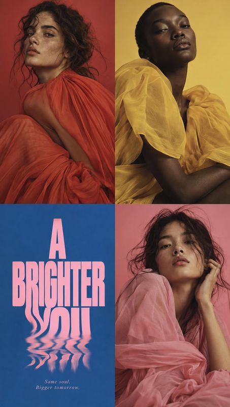 sheer fashion dresses look book product photo: A colorful fashion campaign collage pairs portraits of models in flowing sheer dresses against bold red, yellow,…
